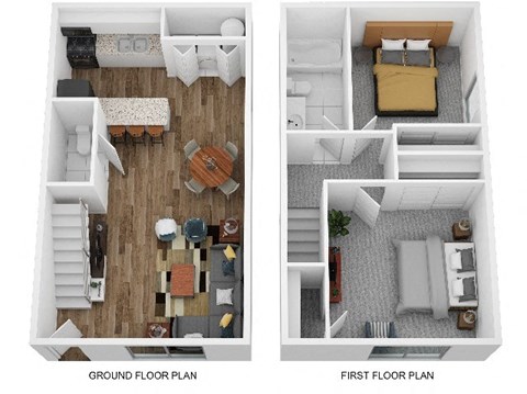 a stylized floor plan with a bedroom and a living room